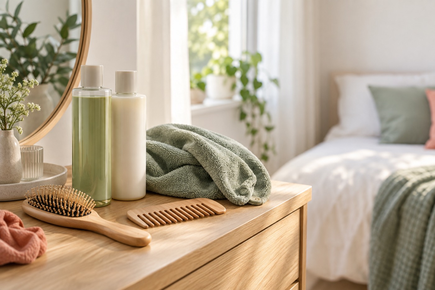 Haarpflegeprodukte, Bürste und Handtuch auf einer Kommode
