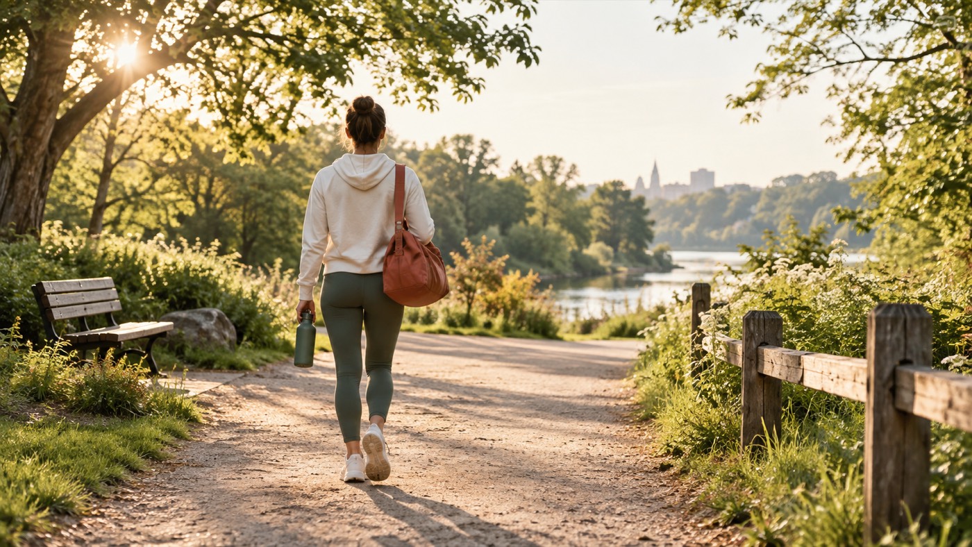 Spaziergang auf einem sonnigen Weg im Park