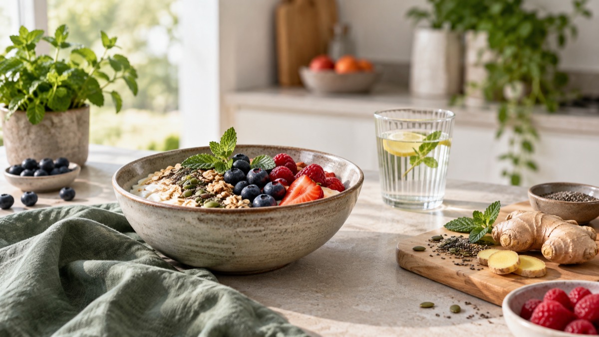 Schüssel mit Haferflocken, Beeren und Saaten