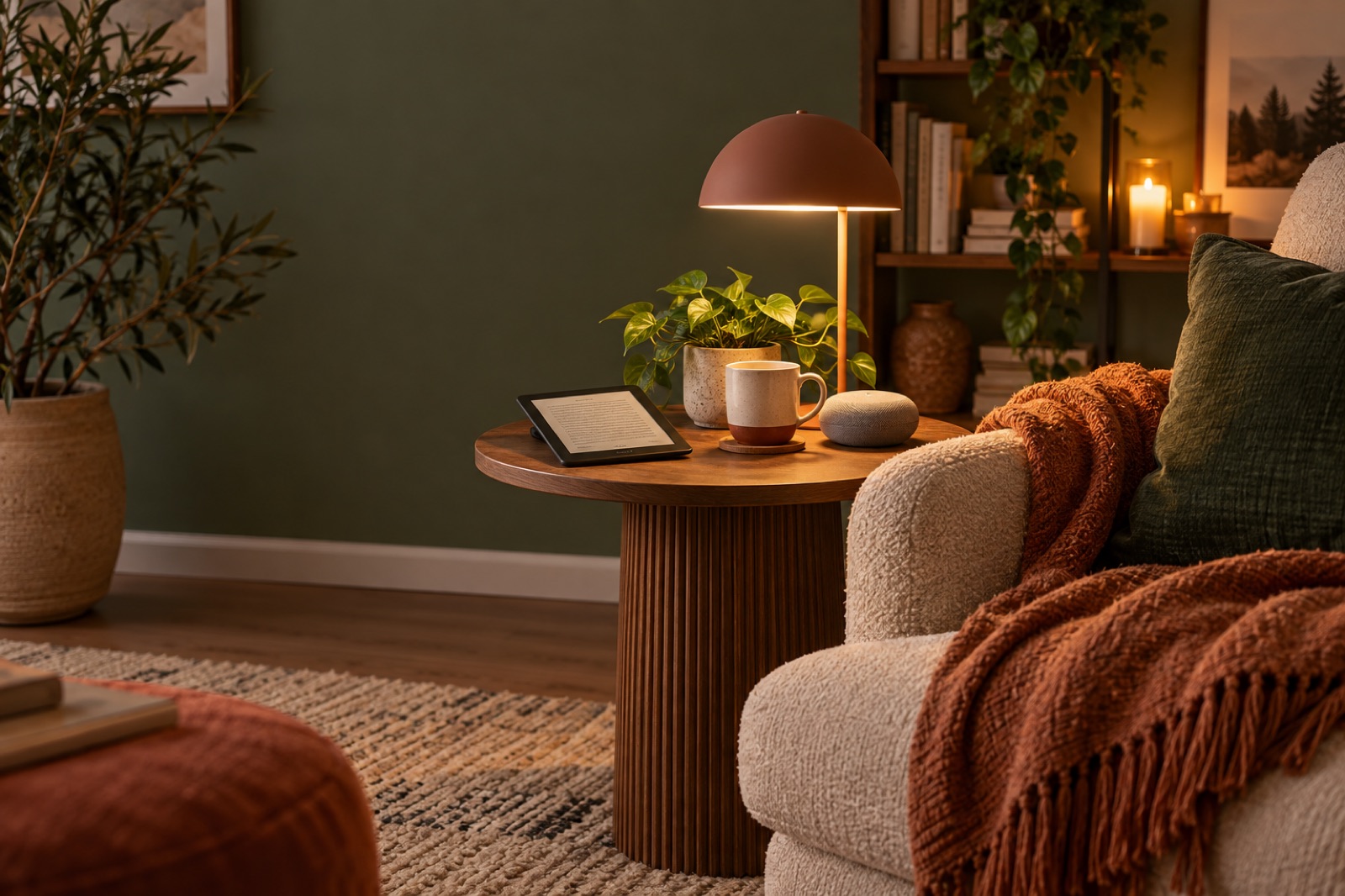 Gemütliche Leseecke mit E-Reader, Lampe, Lautsprecher und Decke