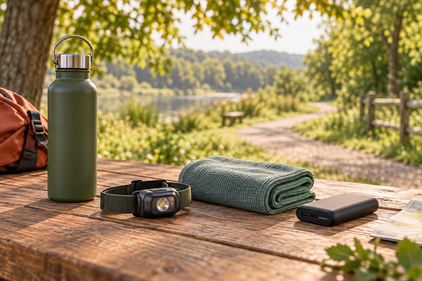 Trinkflasche, Stirnlampe, Handtuch und Powerbank für eine Auszeit draußen