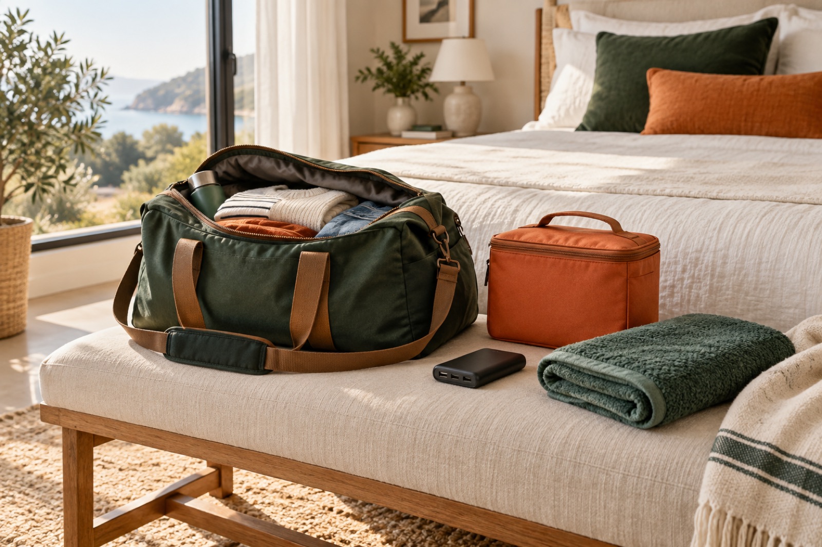 Gepackte Reisetasche mit Lunchbox, Handtuch und Powerbank