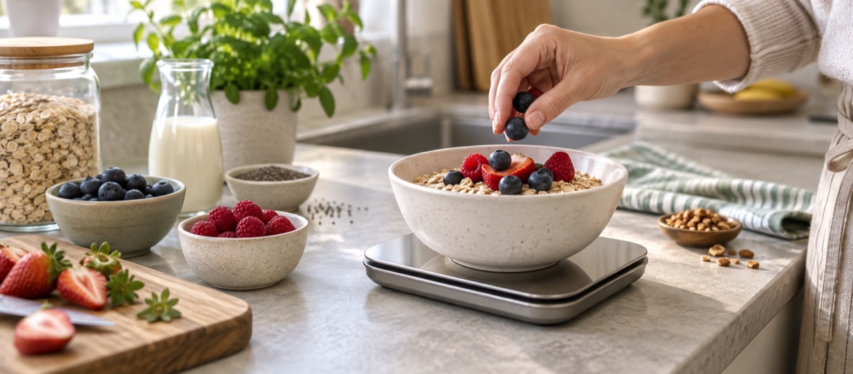 Frühstückszutaten auf einer kompakten Küchenwaage